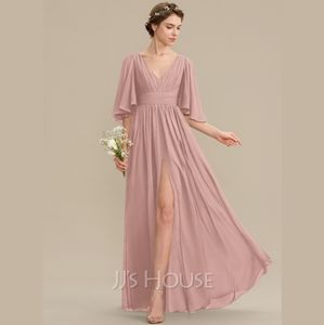 A-Line V-Neck Floor-Length Chiffon Bridesmaid's Dress with Leg Slit